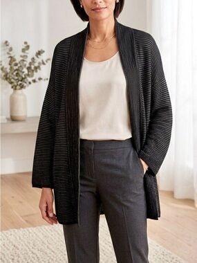 Eileen Fisher Silk Linen Cotton  Open-Front Black Metallic Thread Cardigan